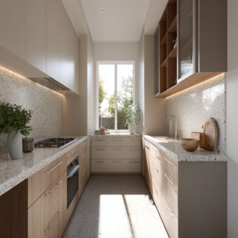 contemporary u shaped kitchen design with terrazzo countertop
