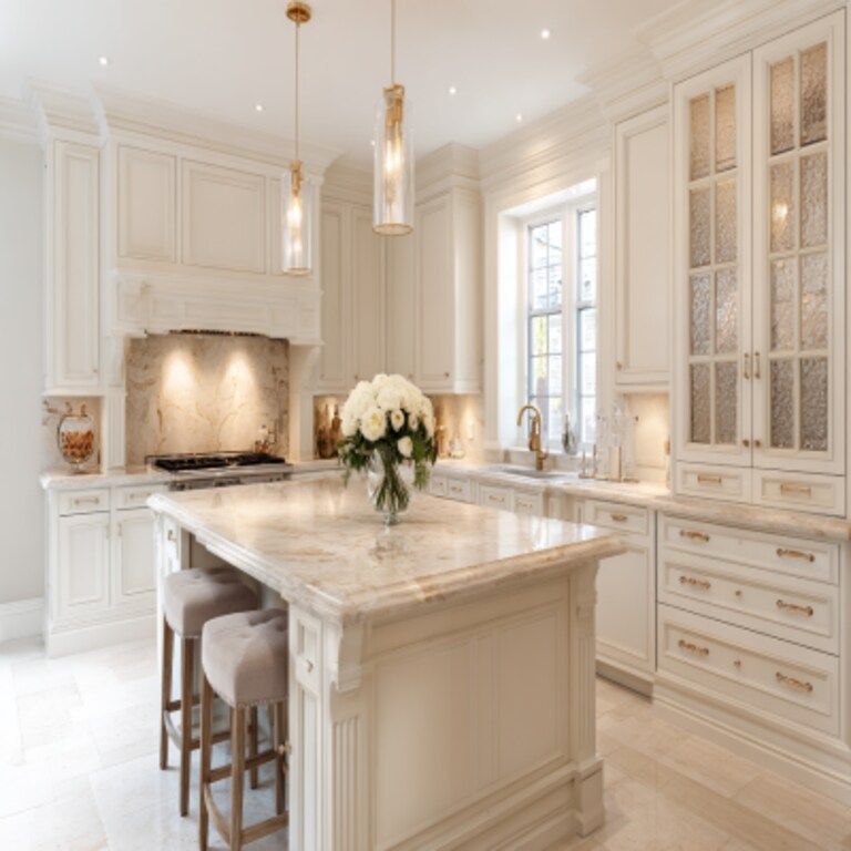 white traditional island kitchen design with marble countertop and suede finish