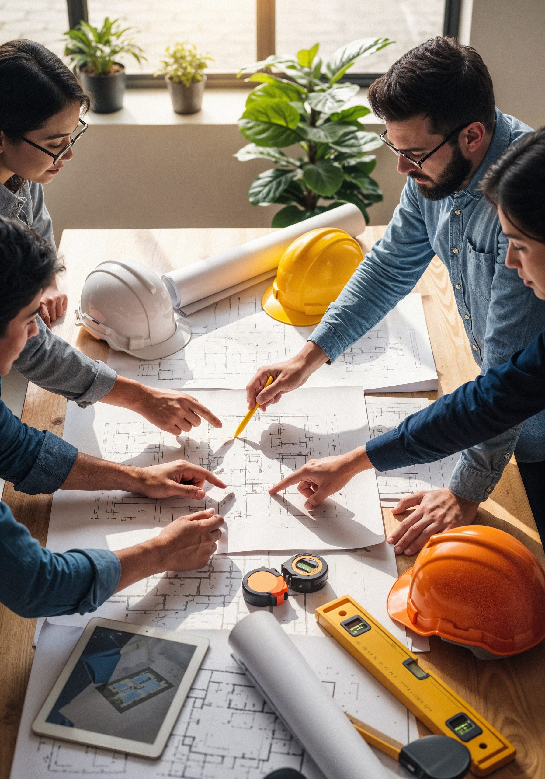 Home architects engineers team analyzing blueprints