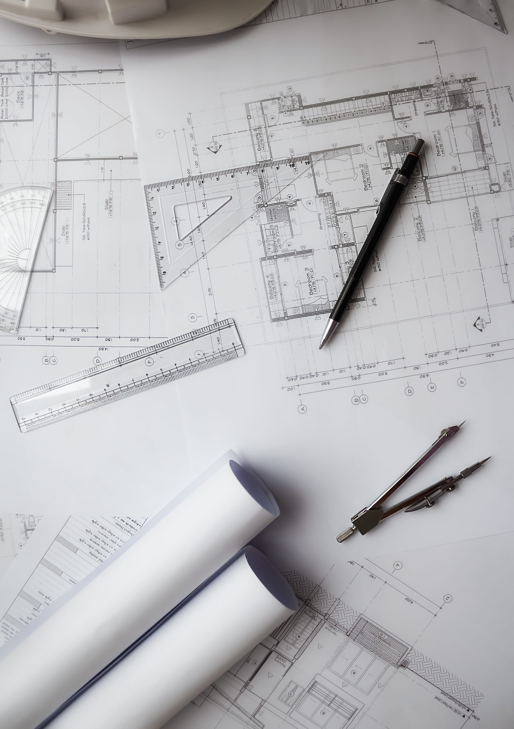 Home image of engineering objects on workplace top view.construction