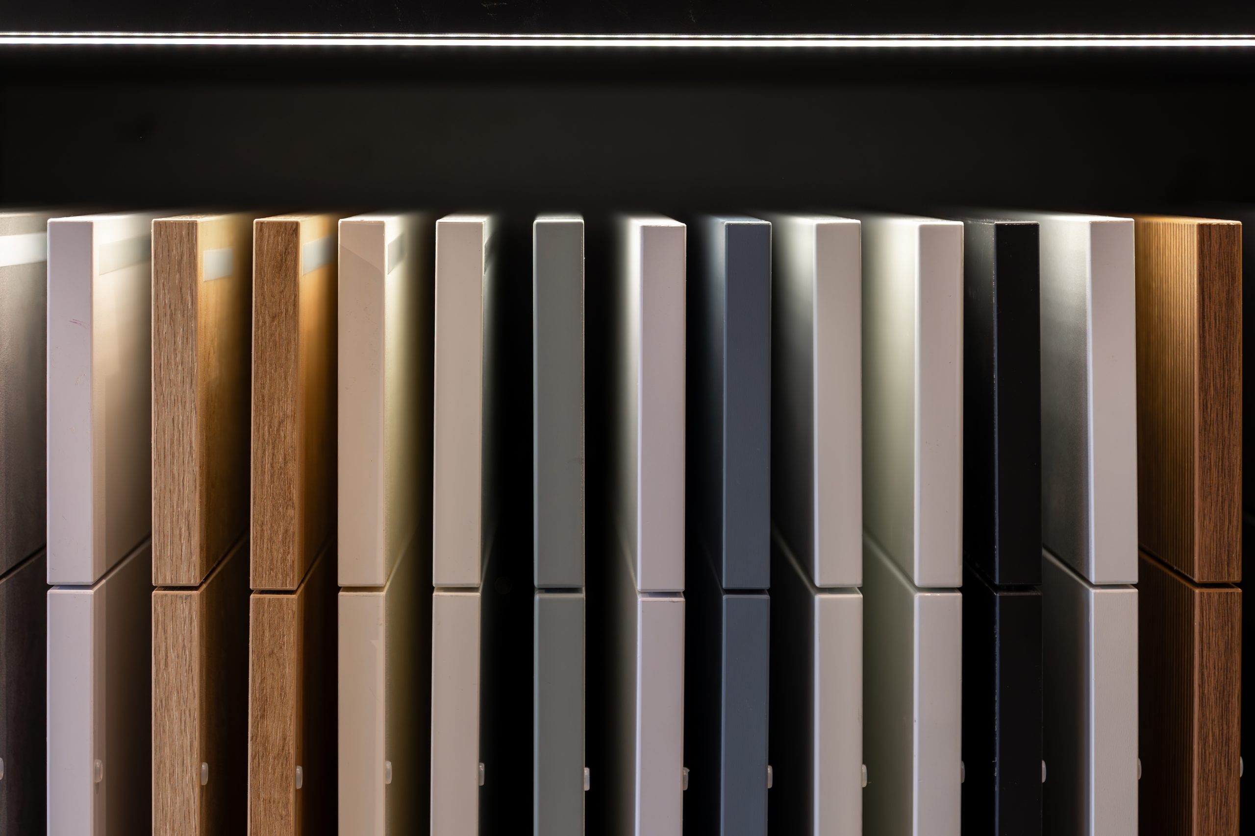 kitchen cabinet samples shelf with reflective surface display modern furniture material concept